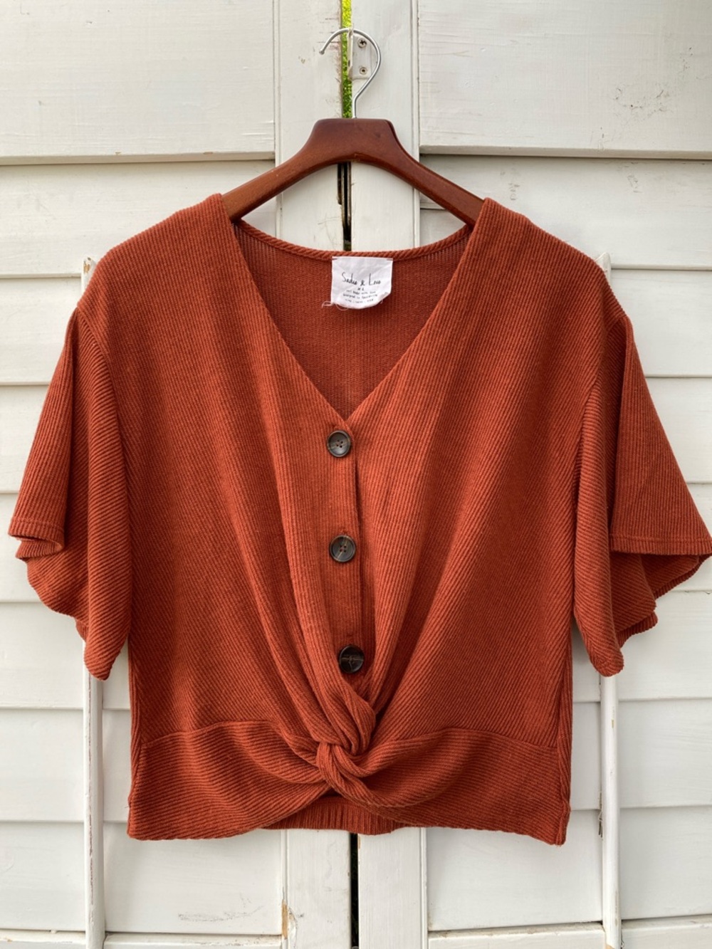 Knot-Front V-Neck Crop Top in Rust/Burnt Orange
